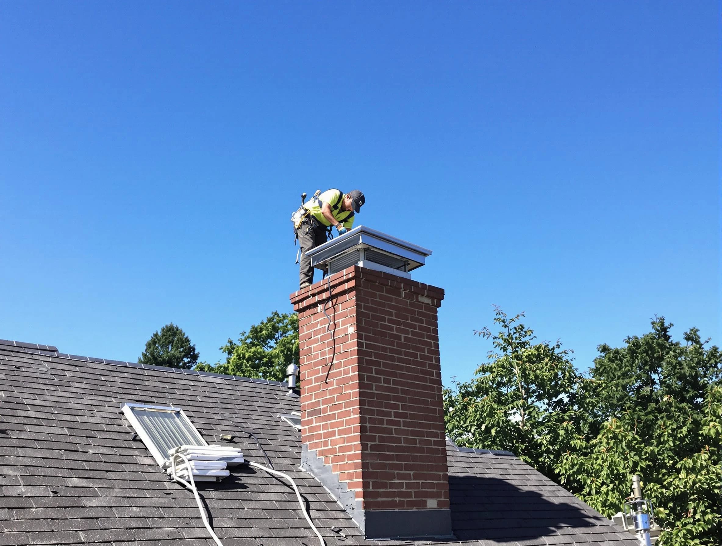 Garfield Chimney Sweep technician measuring a chimney cap in Garfield, NJ
